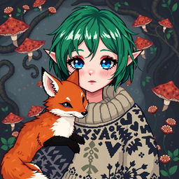 A pixel art style avatar featuring a goblincore goth girl with vibrant green short hair and striking blue eyes, complemented by charming rosy pink cheeks