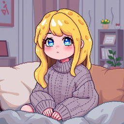 A pixel art representation of a cozy avatar girl with liquid yellow hair resembling cheese, sparkling blue eyes, and rosy pink cheeks