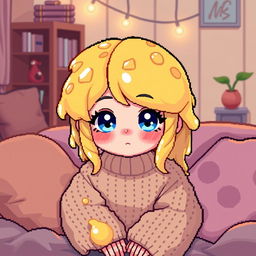 A pixel art representation of a cozy avatar girl with liquid yellow hair resembling cheese, sparkling blue eyes, and rosy pink cheeks