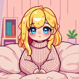 A pixel art representation of a cozy avatar girl with liquid yellow hair resembling cheese, sparkling blue eyes, and rosy pink cheeks