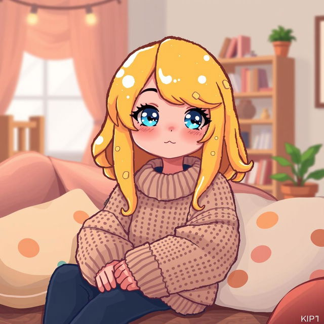 A pixel art representation of a cozy avatar girl with liquid yellow hair resembling cheese, sparkling blue eyes, and rosy pink cheeks