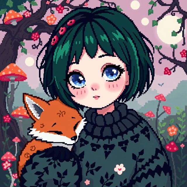 A pixel art style avatar depicting a goblincore goth girl alongside a cute fox