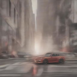 A sleek, vibrant red Porsche 911 performing thrilling maneuvers on the bustling New York streets amidst a grand Marvel film setting, with iconic Marvel characters marveling at its allure