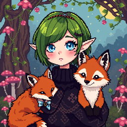 A pixel art style avatar depicting a goblincore goth girl alongside a cute fox