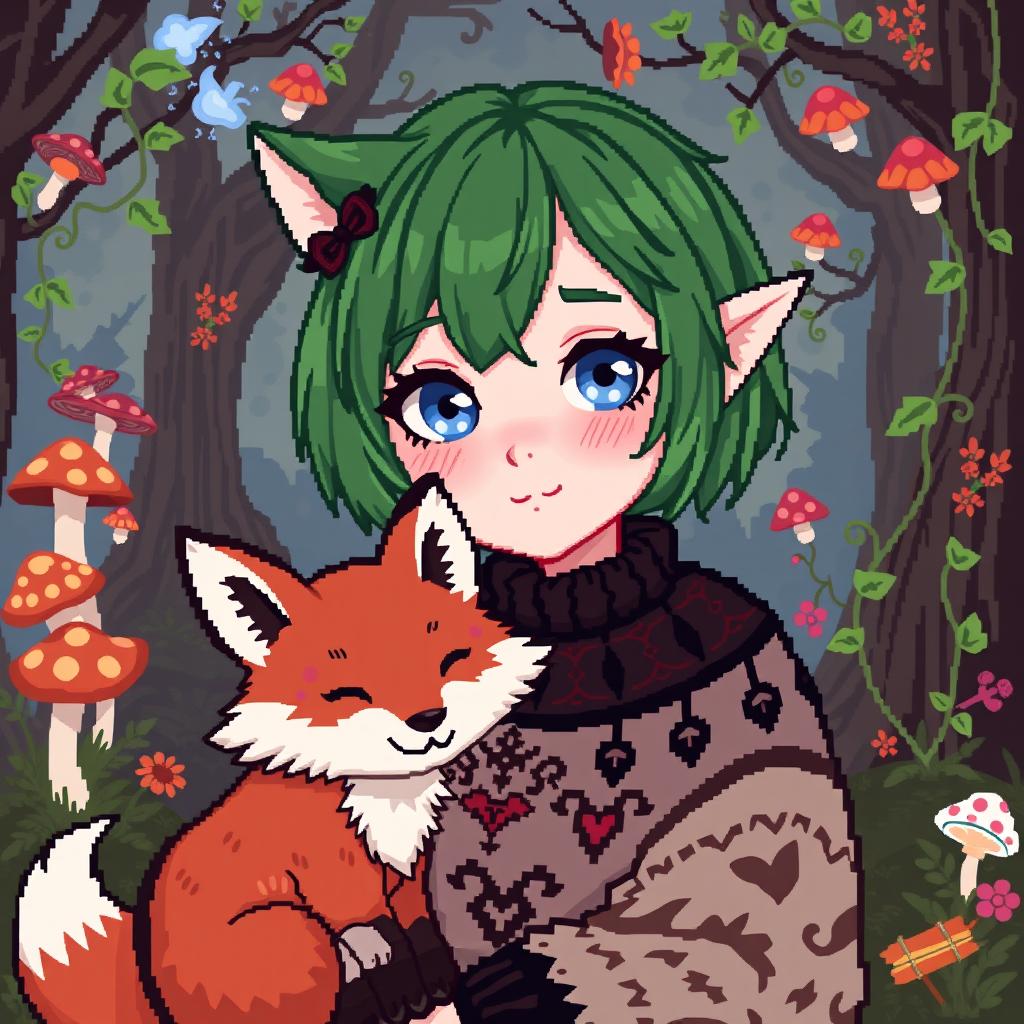 A pixel art style avatar depicting a goblincore goth girl alongside a cute fox