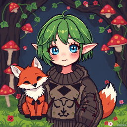 A pixel art style avatar depicting a goblincore goth girl alongside a cute fox