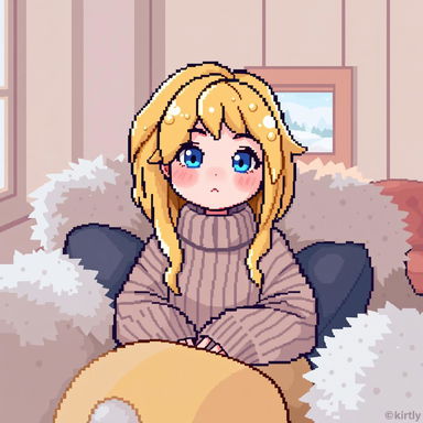 A pixel art representation of a cozy avatar girl with liquid yellow hair that resembles cheese, bright blue eyes, and rosy pink cheeks