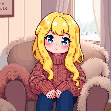 A pixel art representation of a cozy avatar girl with liquid yellow hair that resembles cheese, bright blue eyes, and rosy pink cheeks