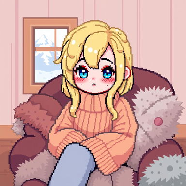 A pixel art representation of a cozy avatar girl with liquid yellow hair that resembles cheese, bright blue eyes, and rosy pink cheeks