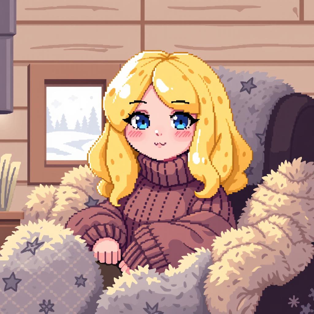 A pixel art representation of a cozy avatar girl with liquid yellow hair that resembles cheese, bright blue eyes, and rosy pink cheeks