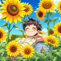 A young male child peacefully lying in a vibrant sunflower field, surrounded by tall, blooming sunflowers that tower over him