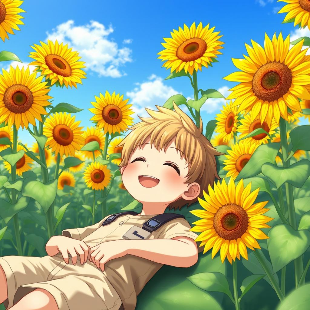 A young male child peacefully lying in a vibrant sunflower field, surrounded by tall, blooming sunflowers that tower over him