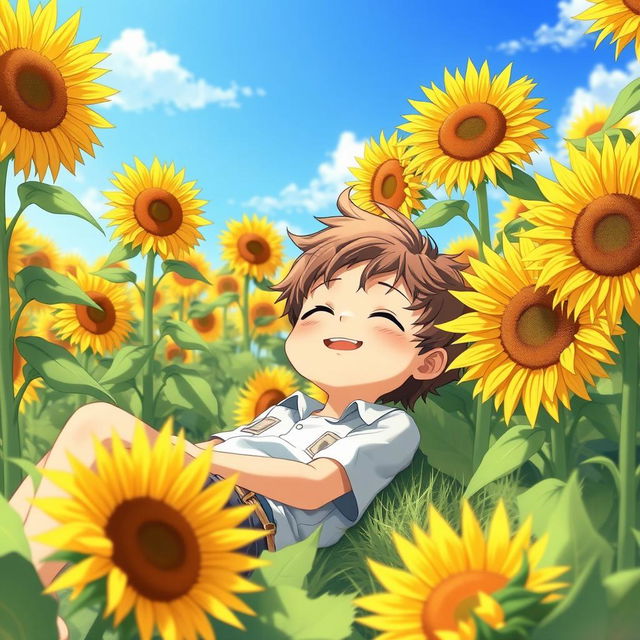 A young male child peacefully lying in a vibrant sunflower field, surrounded by tall, blooming sunflowers that tower over him