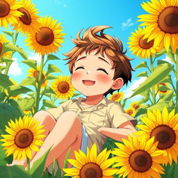 A young male child peacefully lying in a vibrant sunflower field, surrounded by tall, blooming sunflowers that tower over him