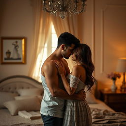 A passionate intimate scene between a couple sharing a tender moment, fully immersed in their emotions, set in a beautifully decorated bedroom with soft dim lighting creating an intimate atmosphere