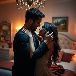 A passionate intimate scene between a couple sharing a tender moment, fully immersed in their emotions, set in a beautifully decorated bedroom with soft dim lighting creating an intimate atmosphere