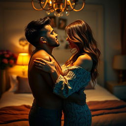 A passionate intimate scene between a couple sharing a tender moment, fully immersed in their emotions, set in a beautifully decorated bedroom with soft dim lighting creating an intimate atmosphere
