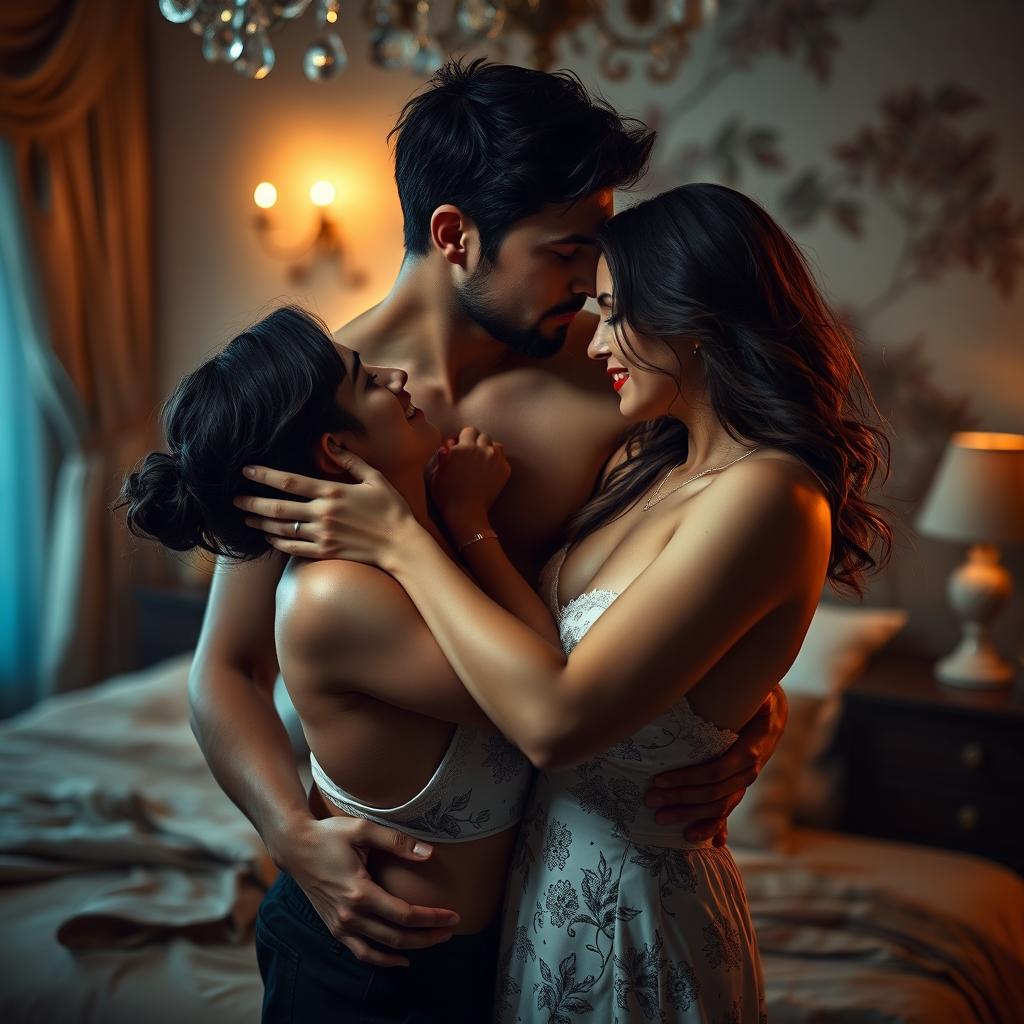 A passionate intimate scene between a couple sharing a tender moment, fully immersed in their emotions, set in a beautifully decorated bedroom with soft dim lighting creating an intimate atmosphere