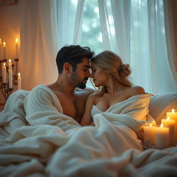 A sensual scene depicting a romantic couple in a soft, intimate moment