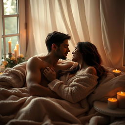 A sensual scene depicting a romantic couple in a soft, intimate moment