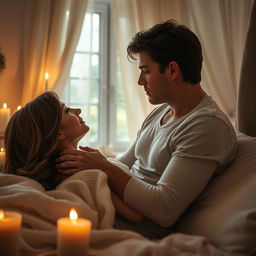 A sensual scene depicting a romantic couple in a soft, intimate moment