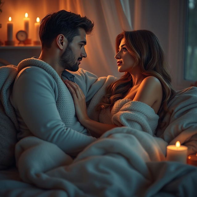 A sensual scene depicting a romantic couple in a soft, intimate moment