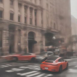 A sleek, vibrant red Porsche 911 performing thrilling maneuvers on the bustling New York streets amidst a grand Marvel film setting, with iconic Marvel characters marveling at its allure