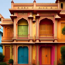 Generate an image of an Indian house exterior showcasing vibrant colors on the walls. Include intricate patterns and unique architectural elements specific to Indian culture.