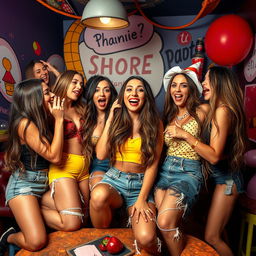 A provocative depiction of a parody situation with several adult women in a playful and humorous context