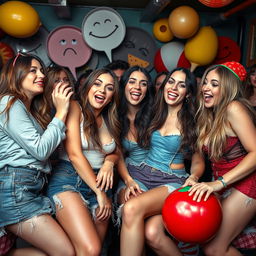 A provocative depiction of a parody situation with several adult women in a playful and humorous context