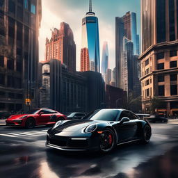 A glossy black Porsche 911 in a bustling Marvel cityscape with Stark Tower in the background and Spider-Man and Iron Man subtly present