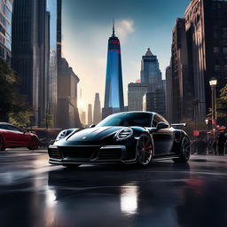 A glossy black Porsche 911 in a bustling Marvel cityscape with Stark Tower in the background and Spider-Man and Iron Man subtly present