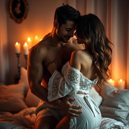 A sensual couple sharing an intimate moment in a softly lit room, with warm tones enhancing the atmosphere