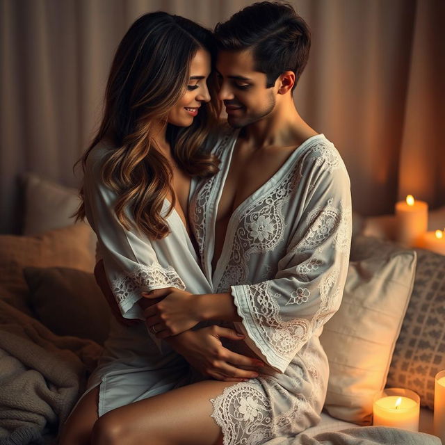 A sensual couple sharing an intimate moment in a softly lit room, with warm tones enhancing the atmosphere