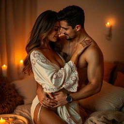 A sensual couple sharing an intimate moment in a softly lit room, with warm tones enhancing the atmosphere