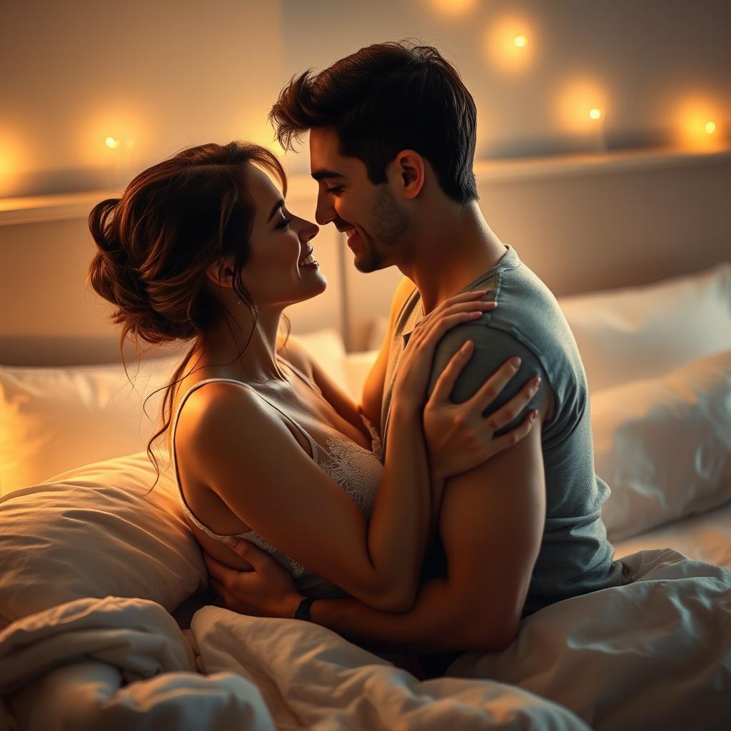 An intimate and romantic scene between two adults in a softly lit bedroom, capturing a moment of connection and passion