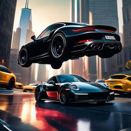 A glossy black Porsche 911 in a bustling Marvel cityscape with Stark Tower in the background and Spider-Man and Iron Man subtly present