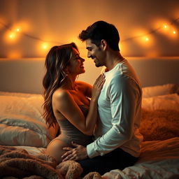 An intimate and romantic scene between two adults in a softly lit bedroom, capturing a moment of connection and passion