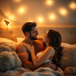 An intimate and romantic scene between two adults in a softly lit bedroom, capturing a moment of connection and passion