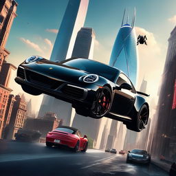 A glossy black Porsche 911 in a bustling Marvel cityscape with Stark Tower in the background and Spider-Man and Iron Man subtly present