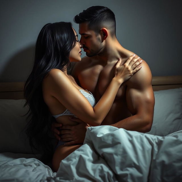 A sensual and intimate scene featuring a couple embracing each other passionately in a dimly lit bedroom