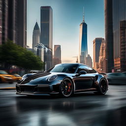 A glossy black Porsche 911 in a Marvel cityscape captured through a 200mm lens with Stark Tower in the background and Spider-Man and Iron Man subtly present