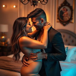 A passionate and intimate couple embracing in a warm and romantic setting, with soft lighting casting a gentle glow around them