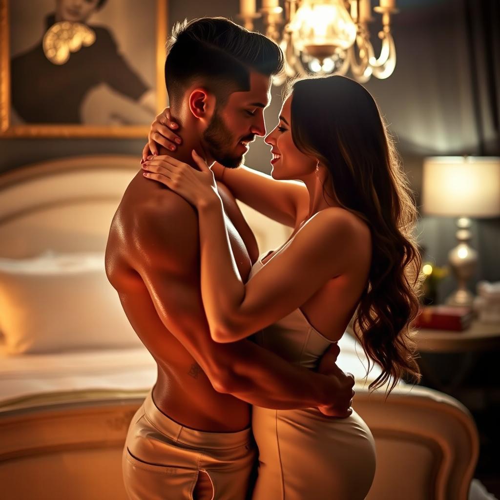 A passionate and intimate couple embracing in a warm and romantic setting, with soft lighting casting a gentle glow around them