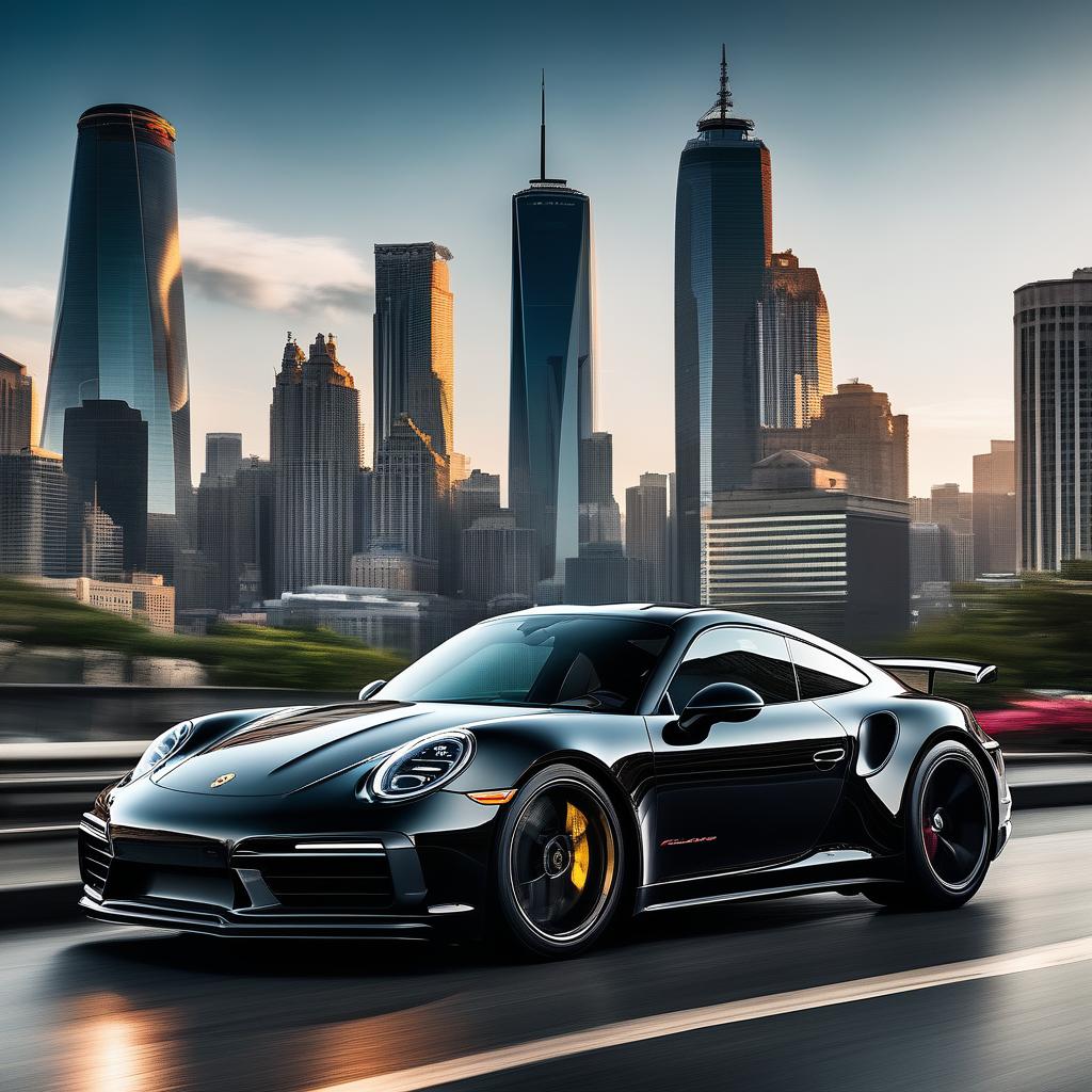 A glossy black Porsche 911 in a Marvel cityscape captured through a 200mm lens with Stark Tower in the background and Spider-Man and Iron Man subtly present