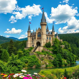 A majestic castle perched atop a steep hill, surrounded by lush green forests and a winding river below