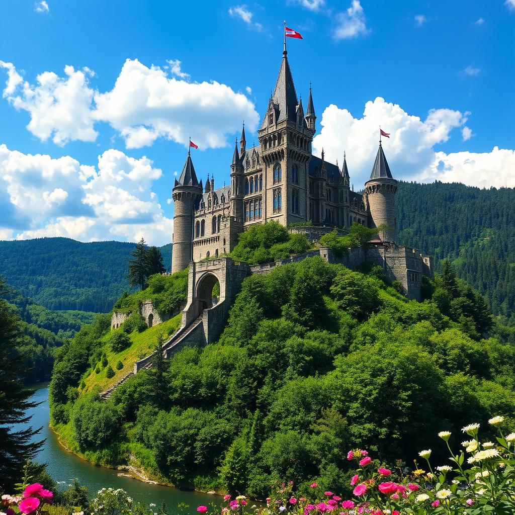 A majestic castle perched atop a steep hill, surrounded by lush green forests and a winding river below