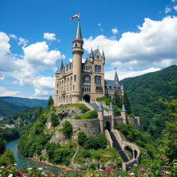 A majestic castle perched atop a steep hill, surrounded by lush green forests and a winding river below