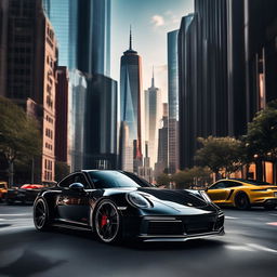 A glossy black Porsche 911 in a Marvel cityscape captured through a 200mm lens with Stark Tower in the background and Spider-Man and Iron Man subtly present