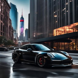 A glossy black Porsche 911 in a Marvel cityscape captured through a 200mm lens with Stark Tower in the background and Spider-Man and Iron Man subtly present